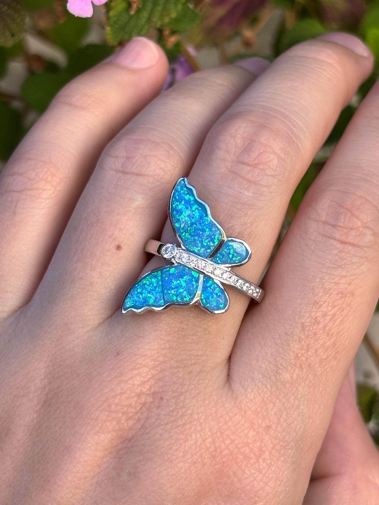 Blue Opal Butterfly Ring, Sterling Silver Butterfly Ring, Lab Grown Opal Ring, Nature Inspired Jewelry, Art Nouveau Ring, Gift For Her