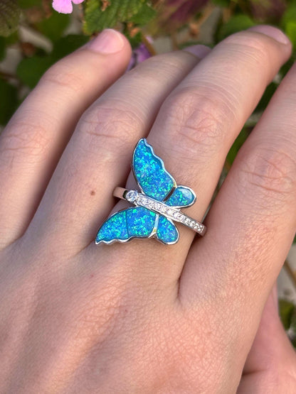 Blue Opal Butterfly Ring, Sterling Silver Butterfly Ring, Lab Grown Opal Ring, Nature Inspired Jewelry, Art Nouveau Ring, Gift For Her