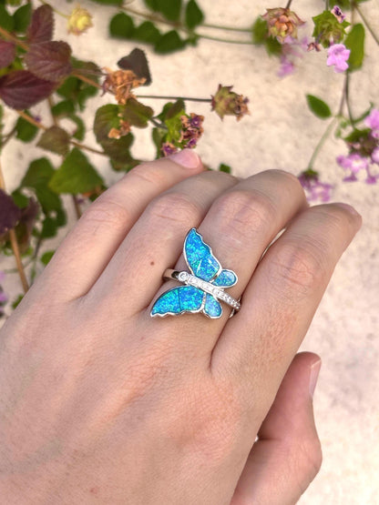 Blue Opal Butterfly Ring, Sterling Silver Butterfly Ring, Lab Grown Opal Ring, Nature Inspired Jewelry, Art Nouveau Ring, Gift For Her