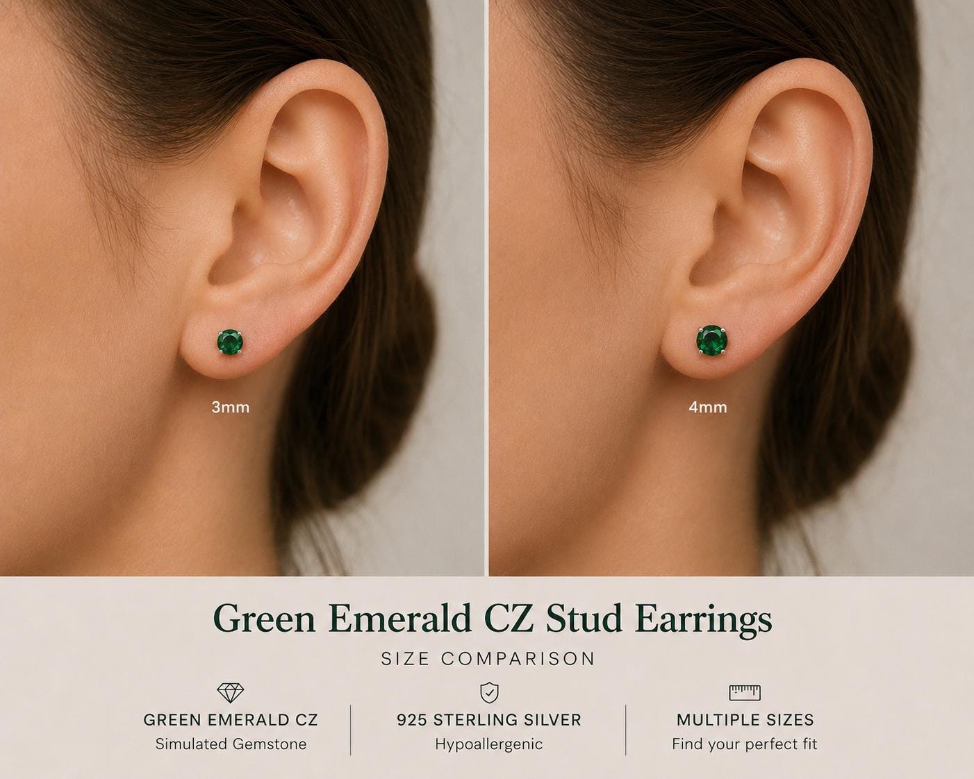 Green Emerald CZ Stud Earrings, Sterling Silver Stud Earrings, Emerald Green Earrings, May Birthstone Gift, Minimalist Silver Studs, May Gem
