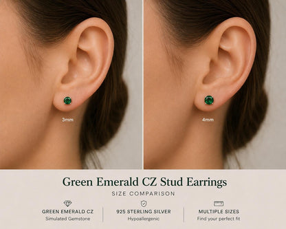 Green Emerald CZ Stud Earrings, Sterling Silver Stud Earrings, Emerald Green Earrings, May Birthstone Gift, Minimalist Silver Studs, May Gem