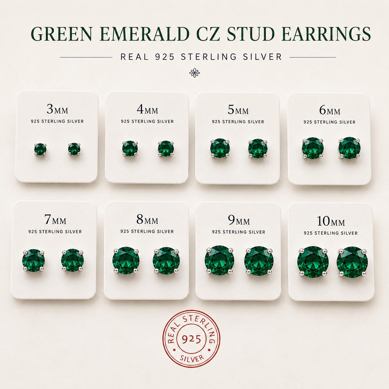 Green Emerald CZ Stud Earrings, Sterling Silver Stud Earrings, Emerald Green Earrings, May Birthstone Gift, Minimalist Silver Studs, May Gem