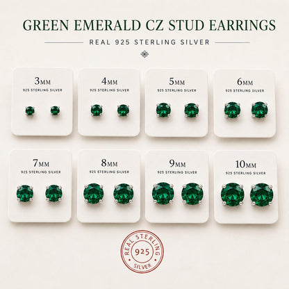 Green Emerald CZ Stud Earrings, Sterling Silver Stud Earrings, Emerald Green Earrings, May Birthstone Gift, Minimalist Silver Studs, May Gem
