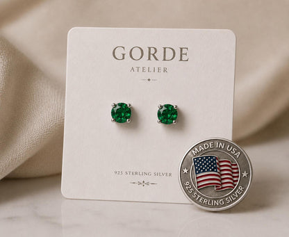 Green Emerald CZ Stud Earrings, Sterling Silver Stud Earrings, Emerald Green Earrings, May Birthstone Gift, Minimalist Silver Studs, May Gem