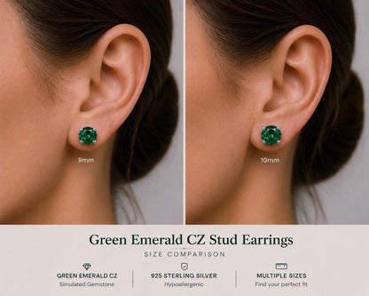Green Emerald CZ Stud Earrings, Sterling Silver Stud Earrings, Emerald Green Earrings, May Birthstone Gift, Minimalist Silver Studs, May Gem