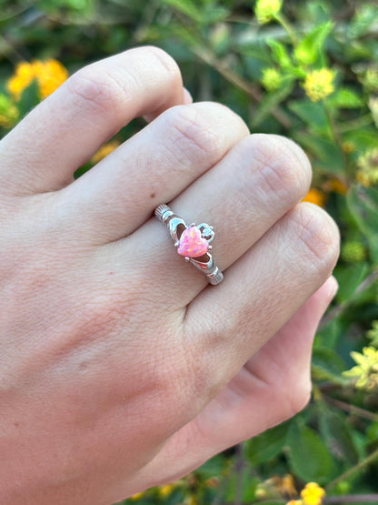 Sterling Silver Pink Opal Claddagh Ring, Irish Heart Ring, Celtic Promise Ring, Pink Heart Ring, Romantic Jewelry, Gift for Her, Irish Gift