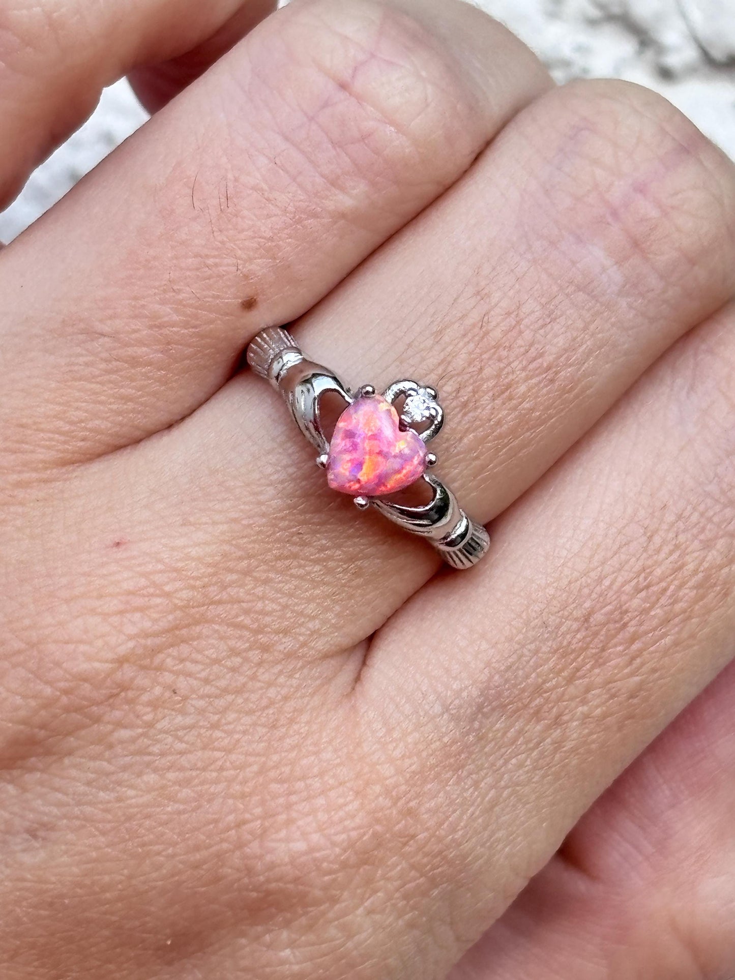 Sterling Silver Pink Opal Claddagh Ring, Irish Heart Ring, Celtic Promise Ring, Pink Heart Ring, Romantic Jewelry, Gift for Her, Irish Gift