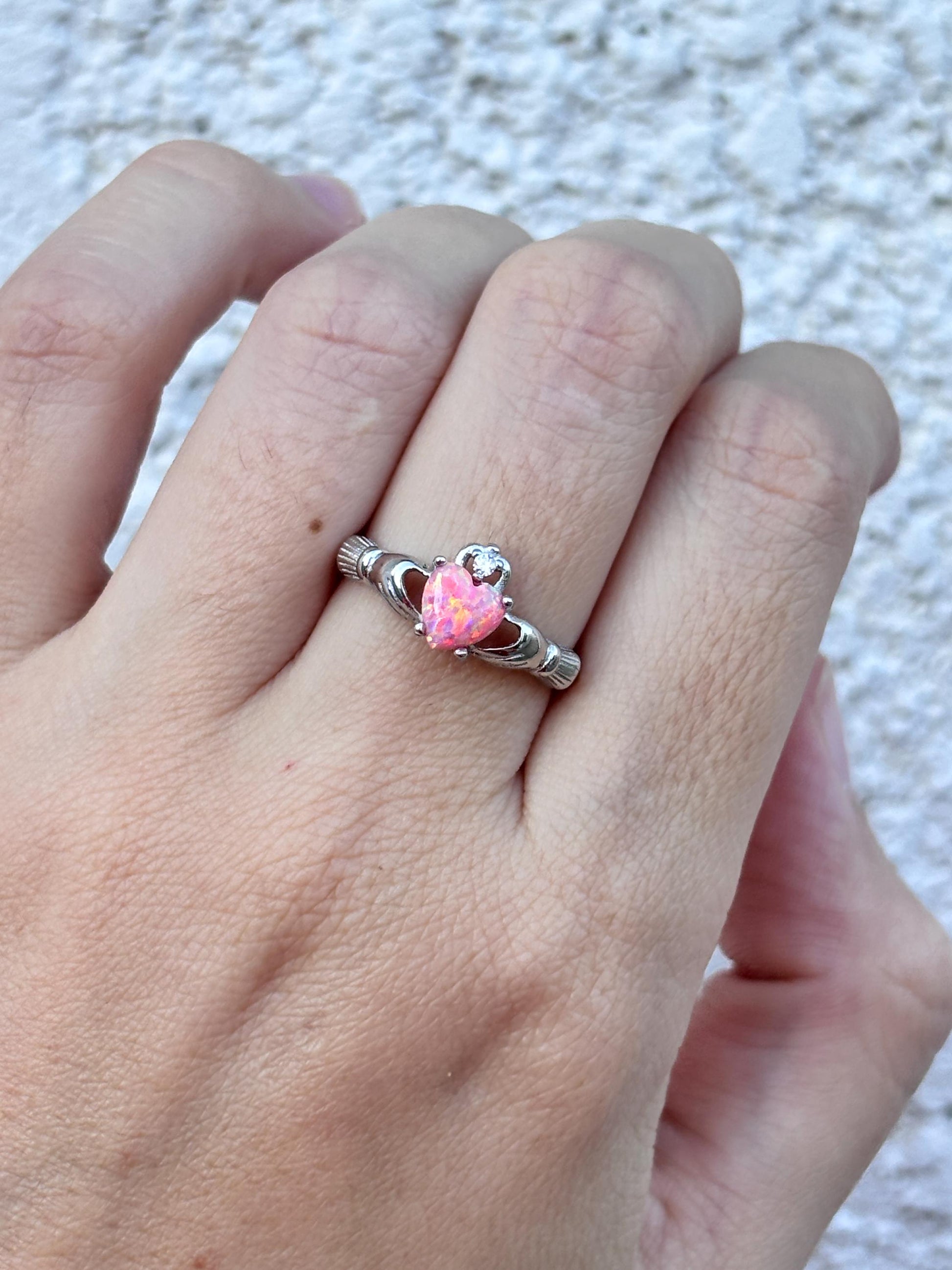 Sterling Silver Pink Opal Claddagh Ring, Irish Heart Ring, Celtic Promise Ring, Pink Heart Ring, Romantic Jewelry, Gift for Her, Irish Gift