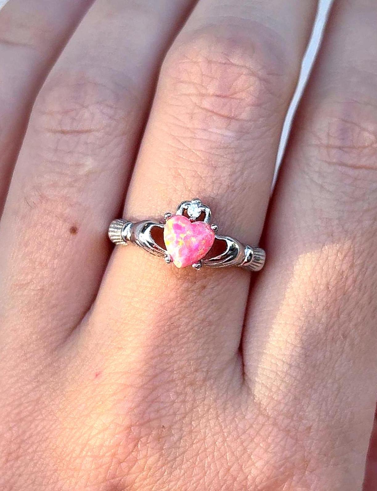Sterling Silver Pink Opal Claddagh Ring, Irish Heart Ring, Celtic Promise Ring, Pink Heart Ring, Romantic Jewelry, Gift for Her, Irish Gift