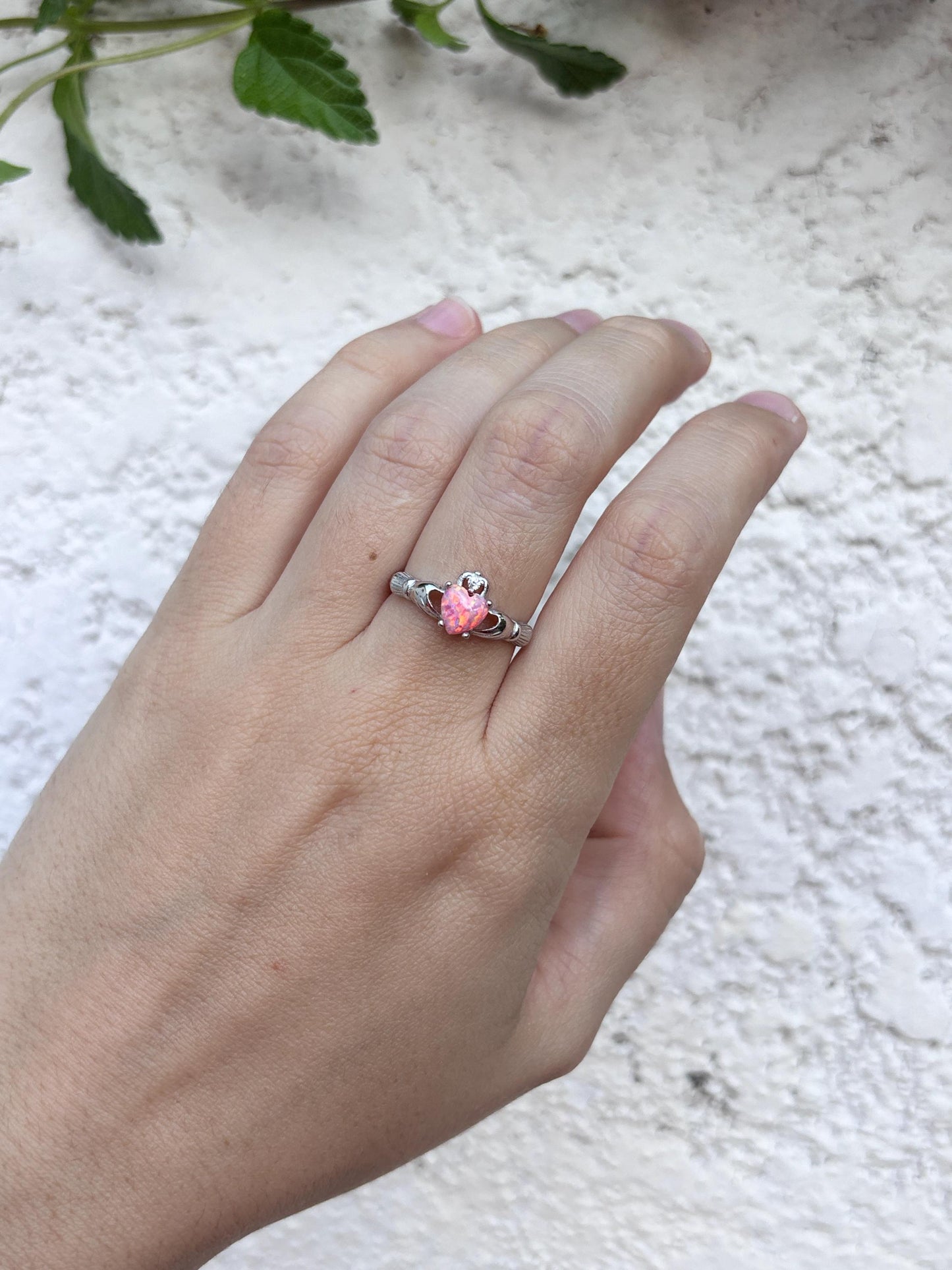 Sterling Silver Pink Opal Claddagh Ring, Irish Heart Ring, Celtic Promise Ring, Pink Heart Ring, Romantic Jewelry, Gift for Her, Irish Gift