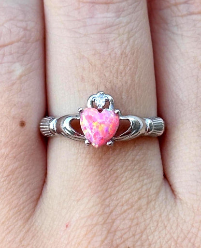 Sterling Silver Pink Opal Claddagh Ring, Irish Heart Ring, Celtic Promise Ring, Pink Heart Ring, Romantic Jewelry, Gift for Her, Irish Gift