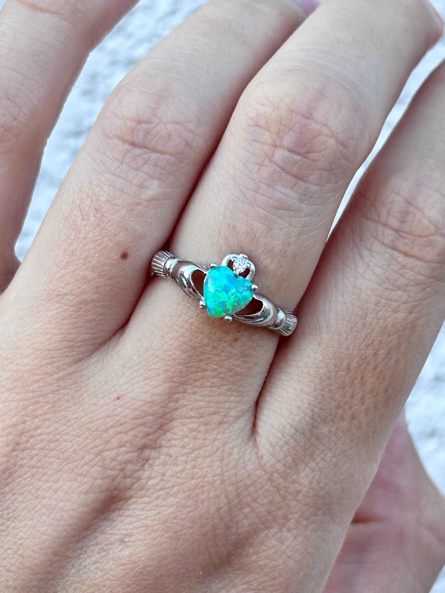 Kiwi Opal Claddagh Ring, Blue Green Opal Ring, Aqua Green Opal Jewelry, Irish Promise Ring, Celtic Heart Ring, Gift for Her, Irish Jewelry