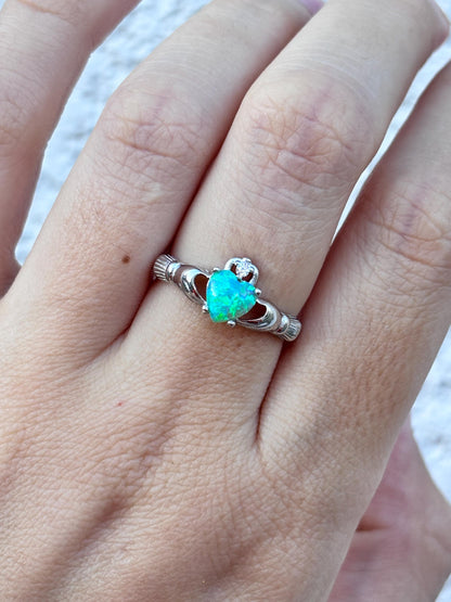 Kiwi Opal Claddagh Ring, Blue Green Opal Ring, Aqua Green Opal Jewelry, Irish Promise Ring, Celtic Heart Ring, Gift for Her, Irish Jewelry