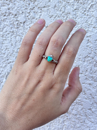 Kiwi Opal Claddagh Ring, Blue Green Opal Ring, Aqua Green Opal Jewelry, Irish Promise Ring, Celtic Heart Ring, Gift for Her, Irish Jewelry