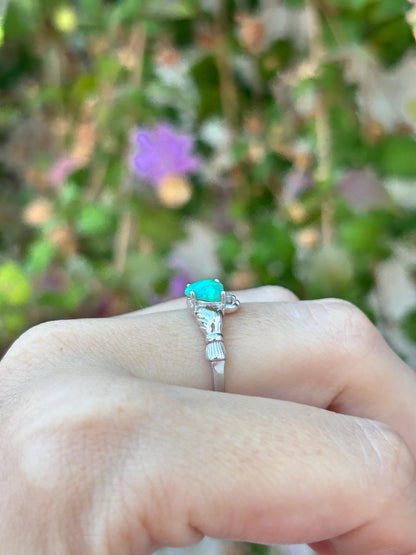 Kiwi Opal Claddagh Ring, Blue Green Opal Ring, Aqua Green Opal Jewelry, Irish Promise Ring, Celtic Heart Ring, Gift for Her, Irish Jewelry