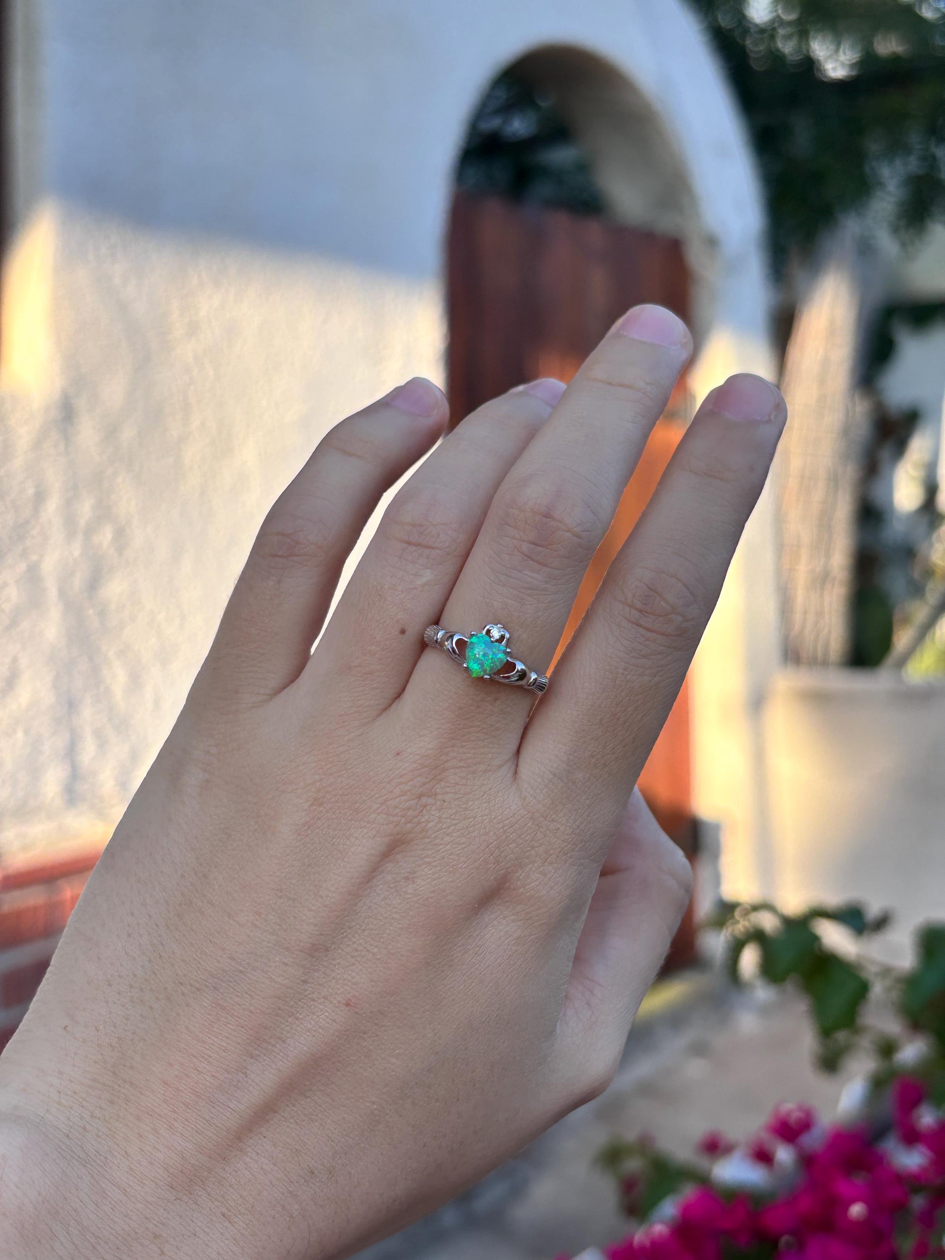 Kiwi Opal Claddagh Ring, Blue Green Opal Ring, Aqua Green Opal Jewelry, Irish Promise Ring, Celtic Heart Ring, Gift for Her, Irish Jewelry