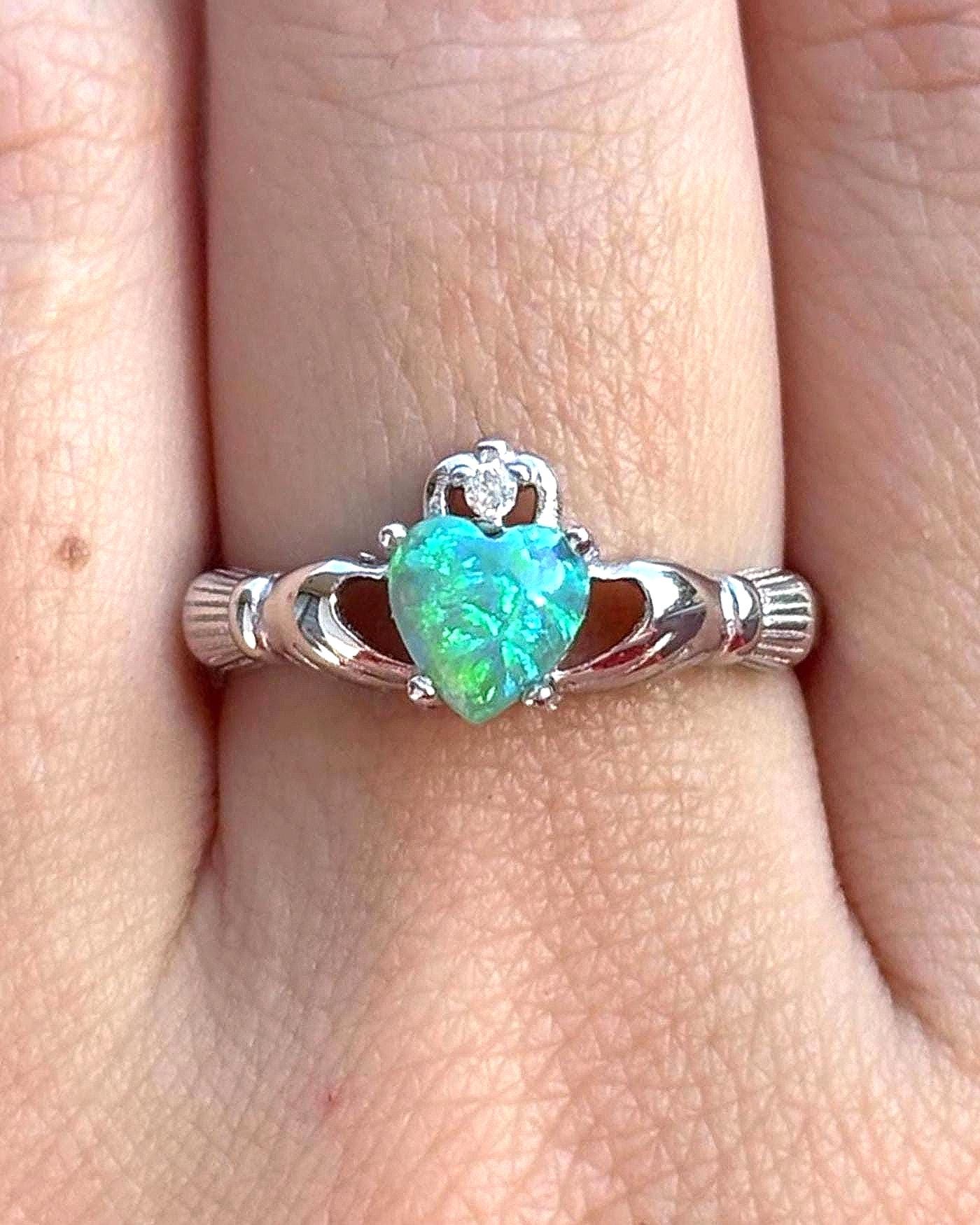 Kiwi Opal Claddagh Ring, Blue Green Opal Ring, Aqua Green Opal Jewelry, Irish Promise Ring, Celtic Heart Ring, Gift for Her, Irish Jewelry