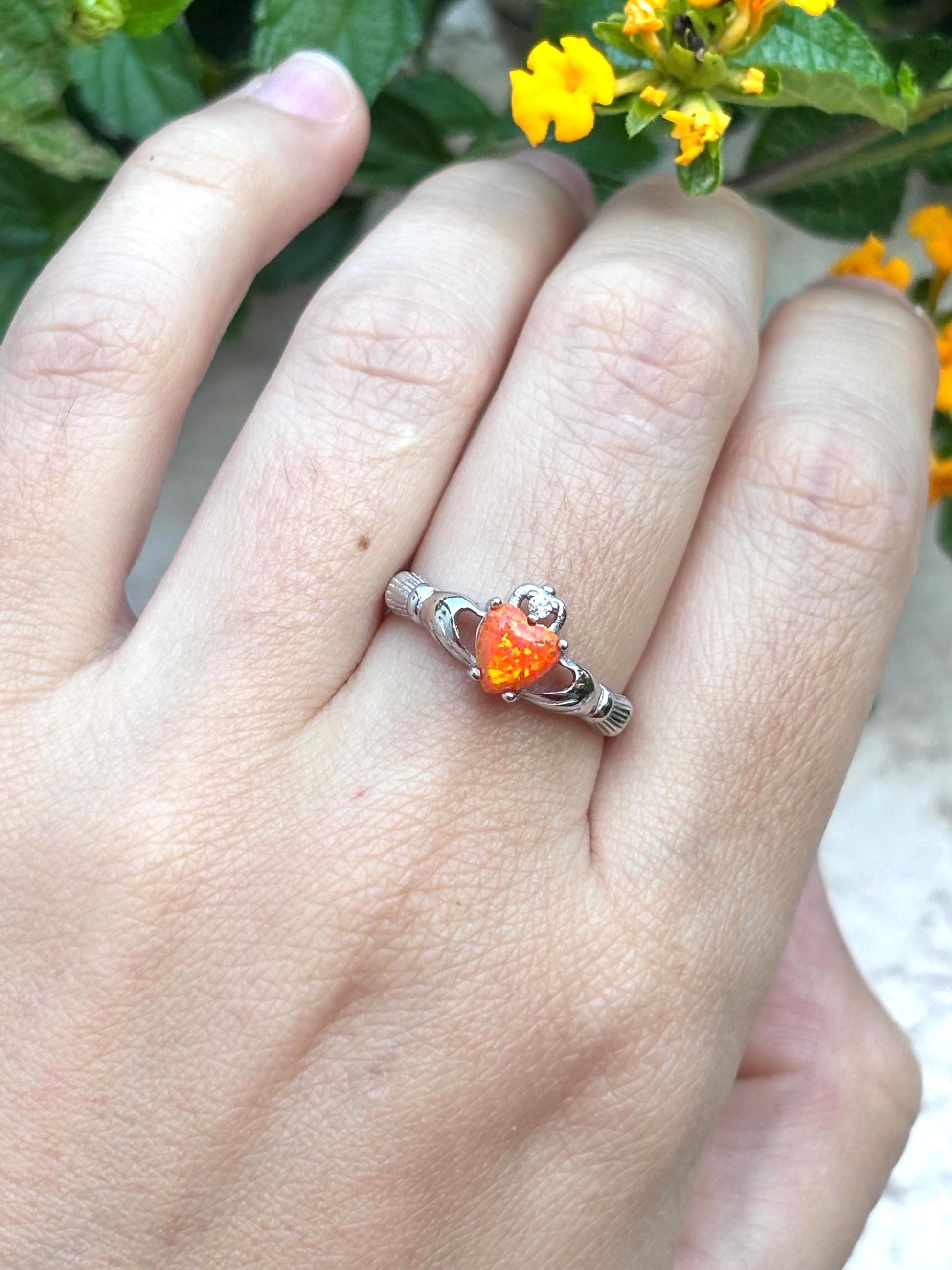 Sterling Silver Orange Opal Claddagh Ring, Irish Heart Ring, Fire Opal Ring, Celtic Promise Ring, Romantic Jewelry, Gift for Her