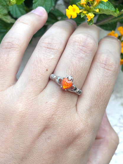 Sterling Silver Orange Opal Claddagh Ring, Irish Heart Ring, Fire Opal Ring, Celtic Promise Ring, Romantic Jewelry, Gift for Her