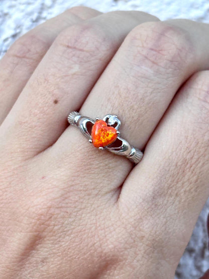 Sterling Silver Orange Opal Claddagh Ring, Irish Heart Ring, Fire Opal Ring, Celtic Promise Ring, Romantic Jewelry, Gift for Her