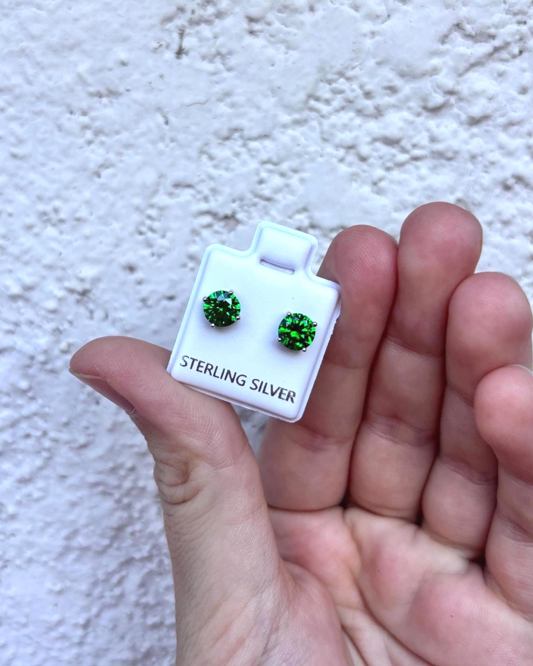 Green Emerald CZ Stud Earrings, Sterling Silver Stud Earrings, Emerald Green Earrings, May Birthstone Gift, Minimalist Silver Studs, May Gem