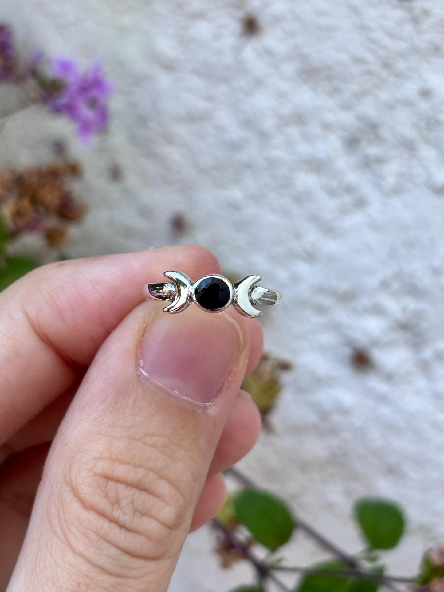 Sterling Silver Triple Moon Ring, Black Onyx Ring, Moon Goddess Ring, Celestial Ring, Wiccan Jewelry, Witchy Ring, Gift for Her, Pagan Ring