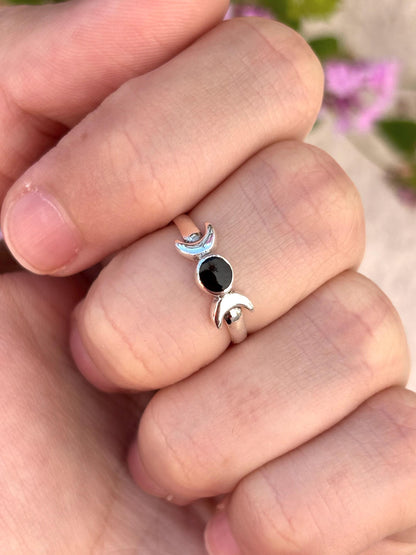 Sterling Silver Triple Moon Ring, Black Onyx Ring, Moon Goddess Ring, Celestial Ring, Wiccan Jewelry, Witchy Ring, Gift for Her, Pagan Ring