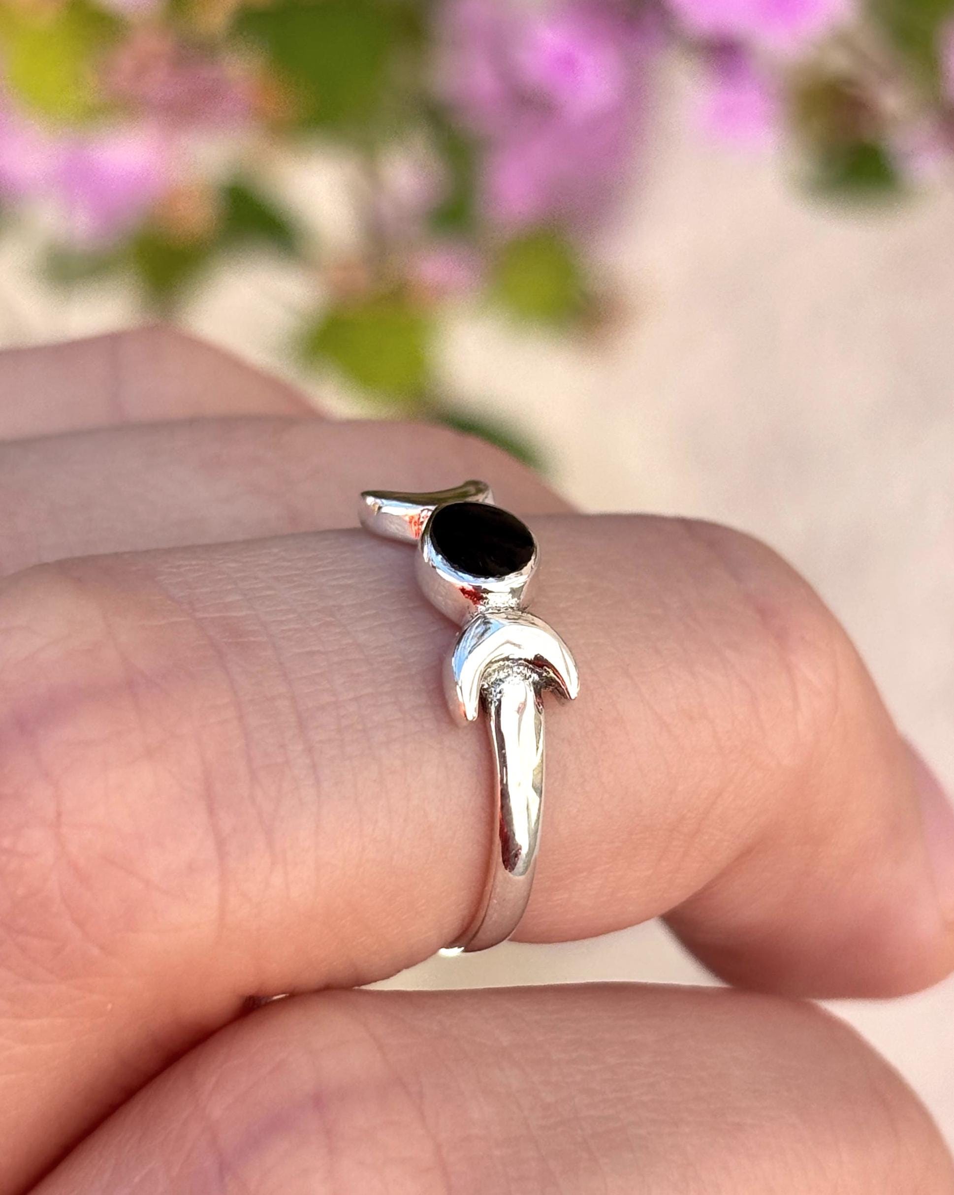 Sterling Silver Triple Moon Ring, Black Onyx Ring, Moon Goddess Ring, Celestial Ring, Wiccan Jewelry, Witchy Ring, Gift for Her, Pagan Ring