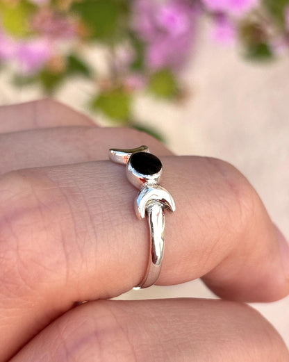 Sterling Silver Triple Moon Ring, Black Onyx Ring, Moon Goddess Ring, Celestial Ring, Wiccan Jewelry, Witchy Ring, Gift for Her, Pagan Ring