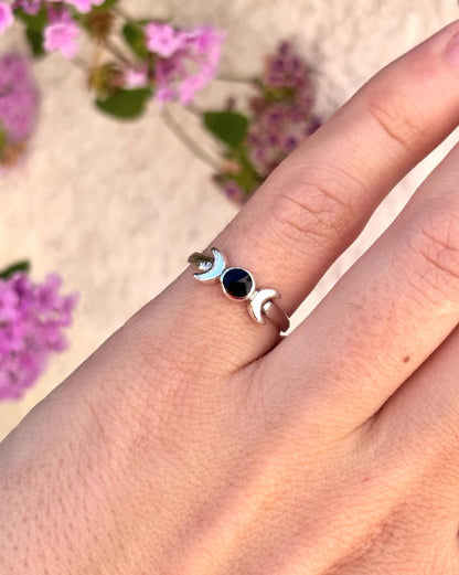 Sterling Silver Triple Moon Ring, Black Onyx Ring, Moon Goddess Ring, Celestial Ring, Wiccan Jewelry, Witchy Ring, Gift for Her, Pagan Ring