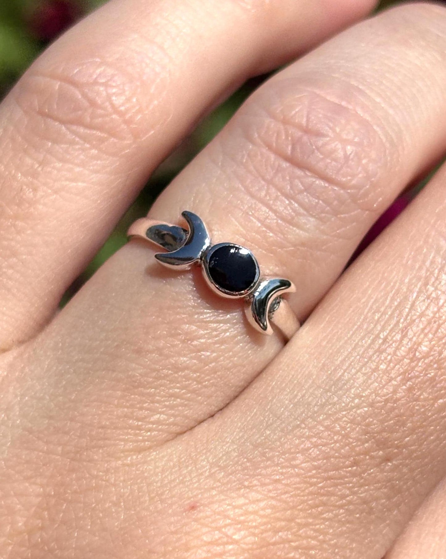 Sterling Silver Triple Moon Ring, Black Onyx Ring, Moon Goddess Ring, Celestial Ring, Wiccan Jewelry, Witchy Ring, Gift for Her, Pagan Ring