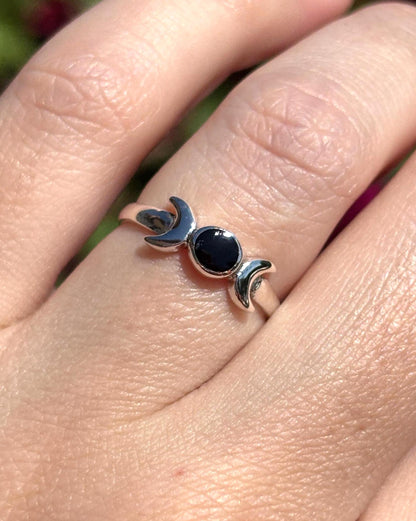 Sterling Silver Triple Moon Ring, Black Onyx Ring, Moon Goddess Ring, Celestial Ring, Wiccan Jewelry, Witchy Ring, Gift for Her, Pagan Ring