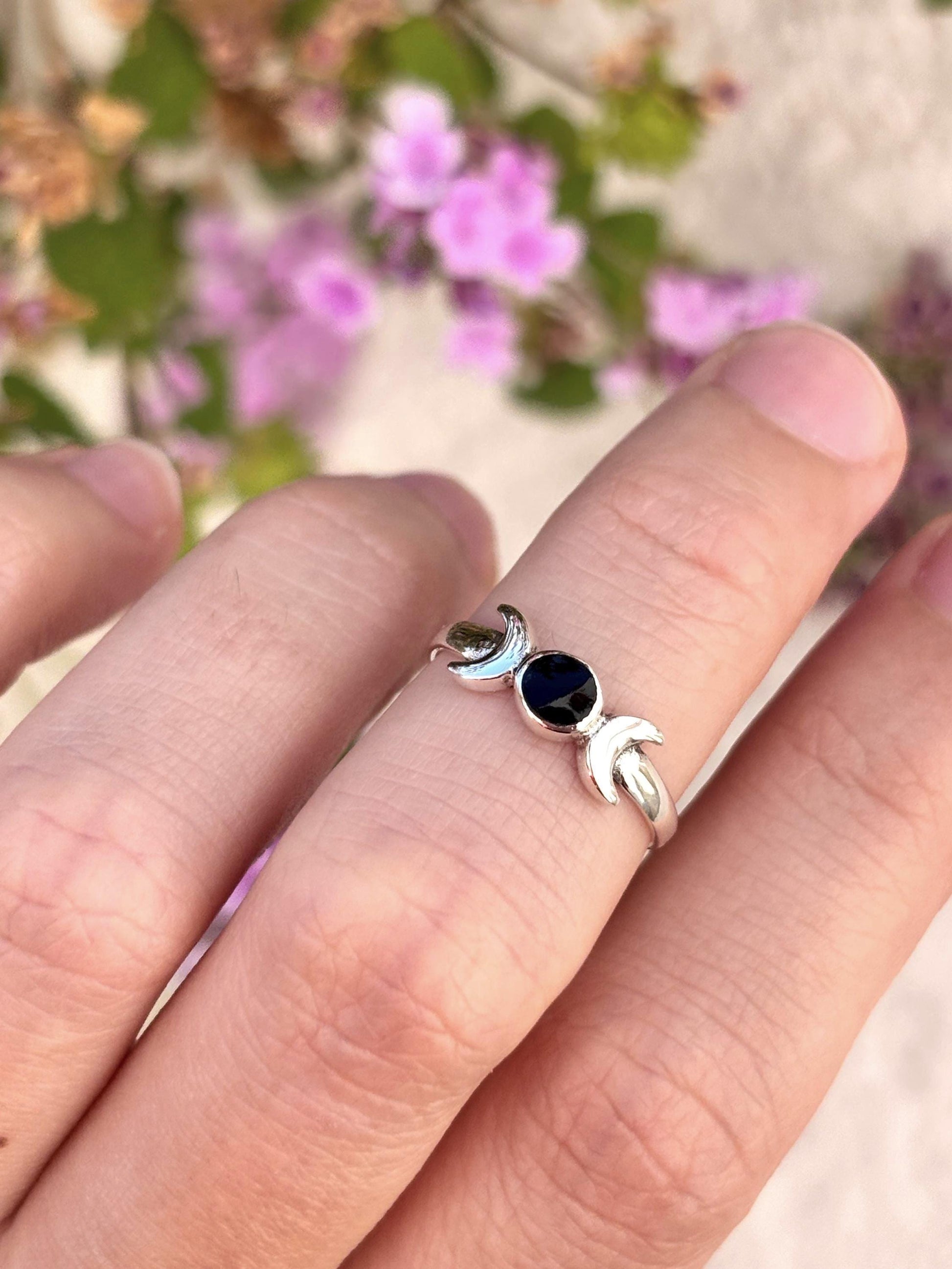 Sterling Silver Triple Moon Ring, Black Onyx Ring, Moon Goddess Ring, Celestial Ring, Wiccan Jewelry, Witchy Ring, Gift for Her, Pagan Ring