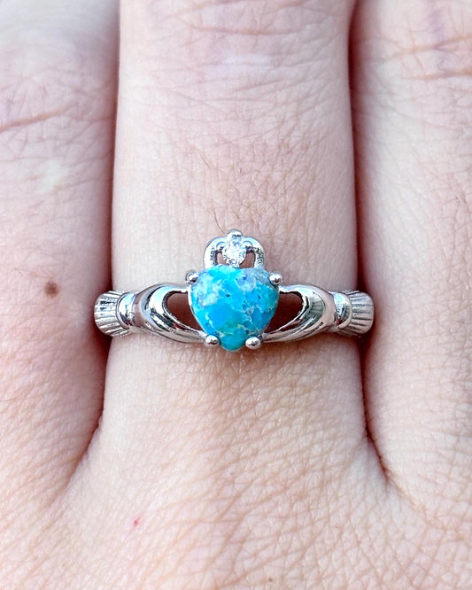 Sterling Silver Turquoise Claddagh Ring, Natural Turquoise Ring, Irish Promise Ring, Celtic Heart Ring, Friendship Gift for Her