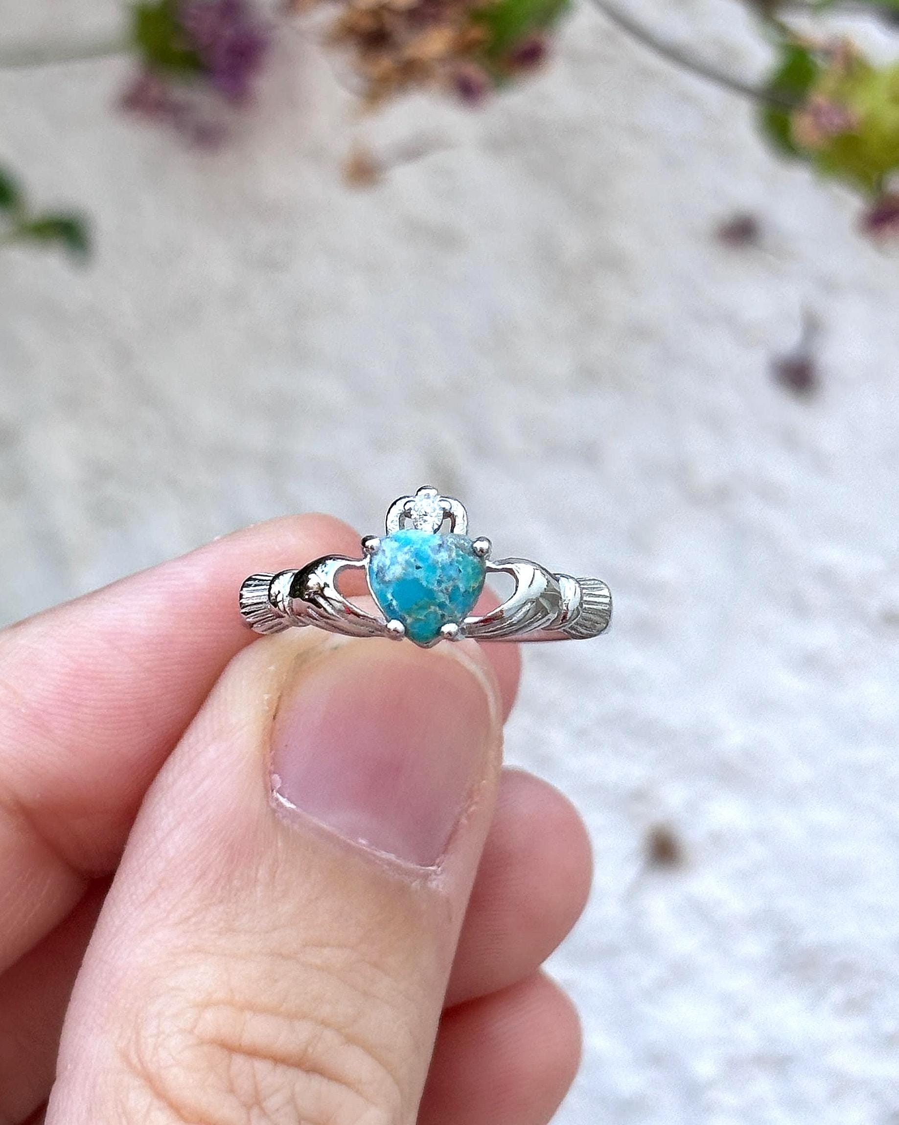 Sterling Silver Turquoise Claddagh Ring, Natural Turquoise Ring, Irish Promise Ring, Celtic Heart Ring, Friendship Gift for Her