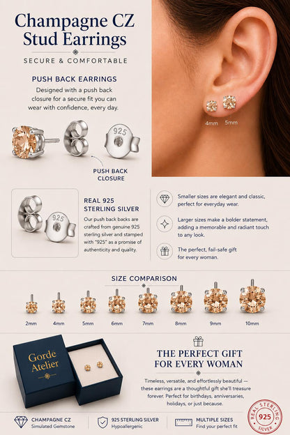 Champagne CZ Stud Earrings, Morganite Color Studs, Sterling Silver Earrings, Tiny Stud Earrings, Beige CZ Earrings, 2mm-12mm
