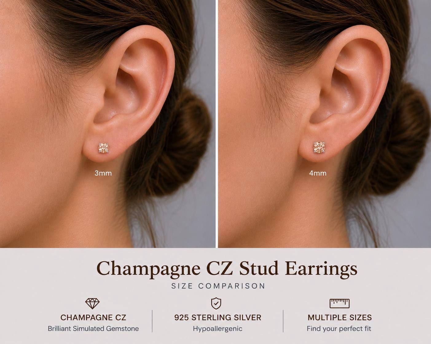 Champagne CZ Stud Earrings, Morganite Color Studs, Sterling Silver Earrings, Tiny Stud Earrings, Beige CZ Earrings, 2mm-12mm