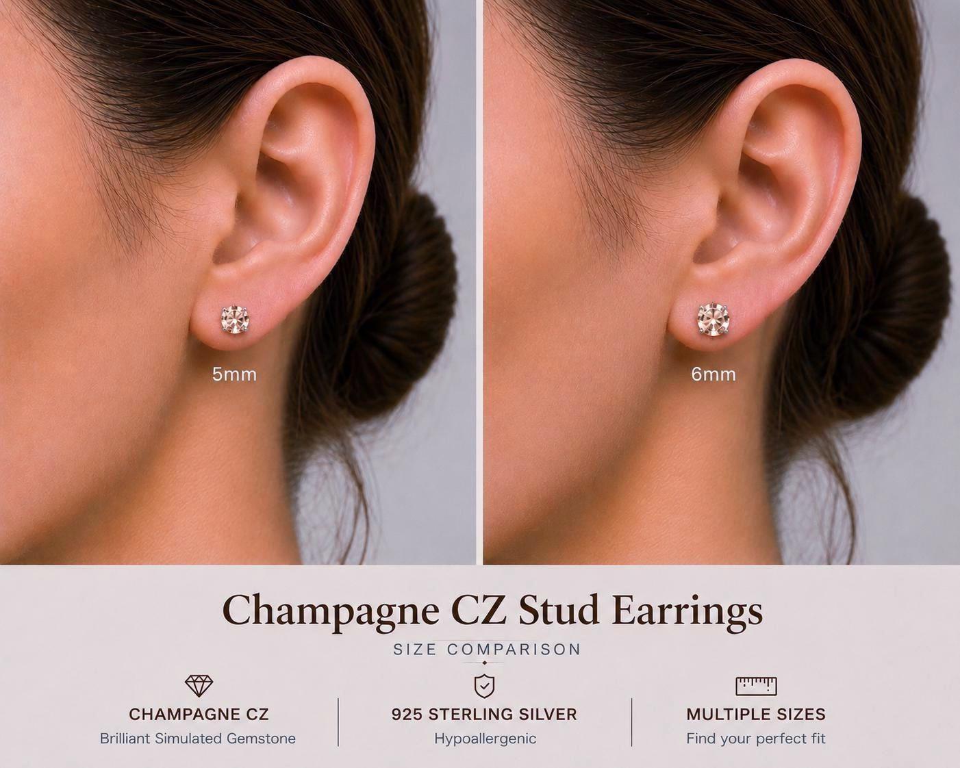 Champagne CZ Stud Earrings, Morganite Color Studs, Sterling Silver Earrings, Tiny Stud Earrings, Beige CZ Earrings, 2mm-12mm
