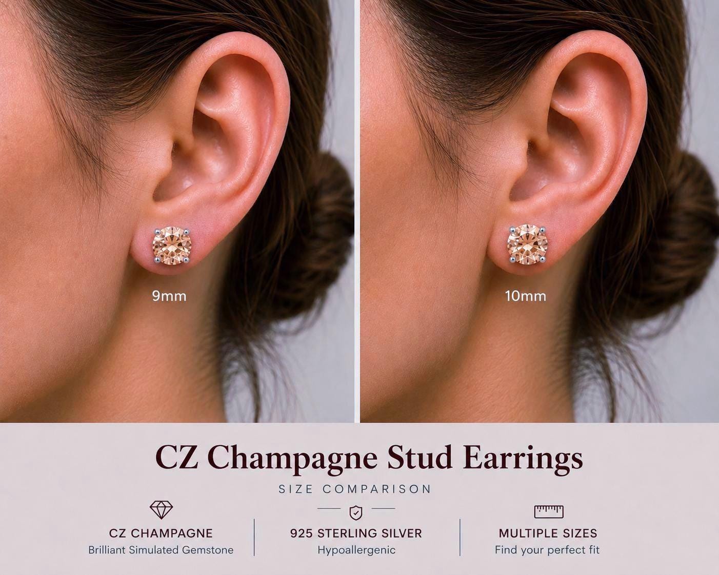 Champagne CZ Stud Earrings, Morganite Color Studs, Sterling Silver Earrings, Tiny Stud Earrings, Beige CZ Earrings, 2mm-12mm