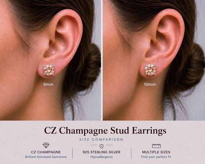 Champagne CZ Stud Earrings, Morganite Color Studs, Sterling Silver Earrings, Tiny Stud Earrings, Beige CZ Earrings, 2mm-12mm