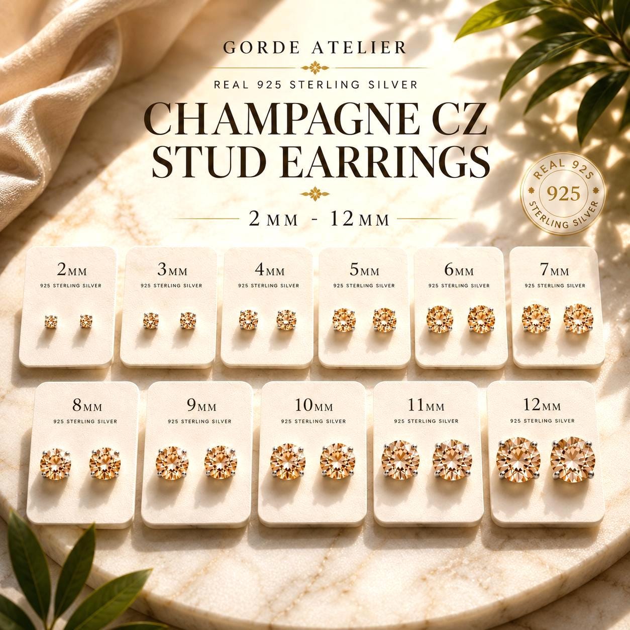 Champagne CZ Stud Earrings, Morganite Color Studs, Sterling Silver Earrings, Tiny Stud Earrings, Beige CZ Earrings, 2mm-12mm