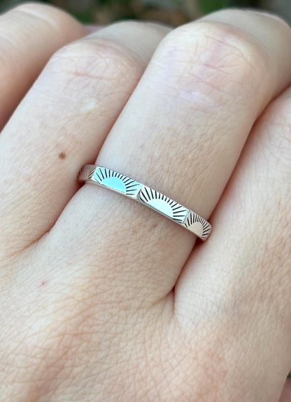 925 Sterling Silver Sun Ray Stacking Ring, Minimalist Engraved Band, Thin Stackable Ring, Geometric Silver Ring, Dainty Gift For Her