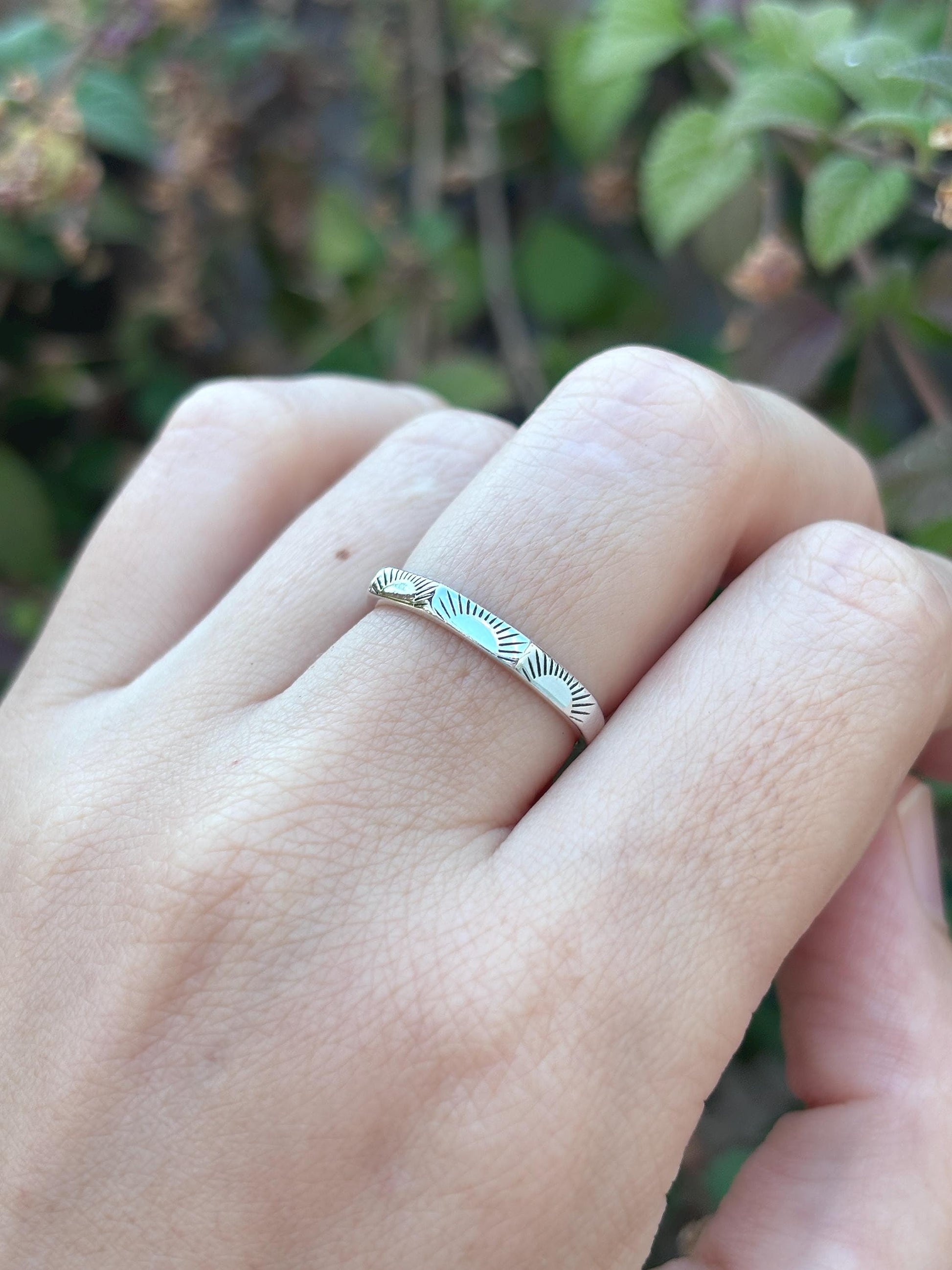 925 Sterling Silver Sun Ray Stacking Ring, Minimalist Engraved Band, Thin Stackable Ring, Geometric Silver Ring, Dainty Gift For Her