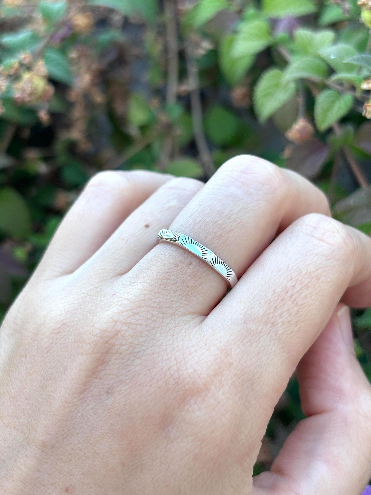 925 Sterling Silver Sun Ray Stacking Ring, Minimalist Engraved Band, Thin Stackable Ring, Geometric Silver Ring, Dainty Gift For Her
