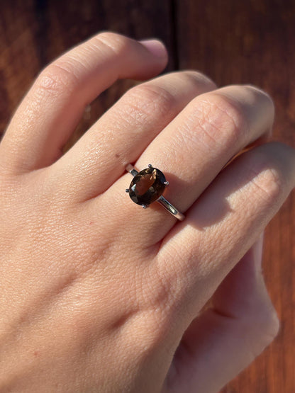 Natural Smoky Quartz Ring, 9x7mm Oval Solitaire Ring, Sterling Silver Promise Ring, Brown Gemstone Ring, Gift for Her