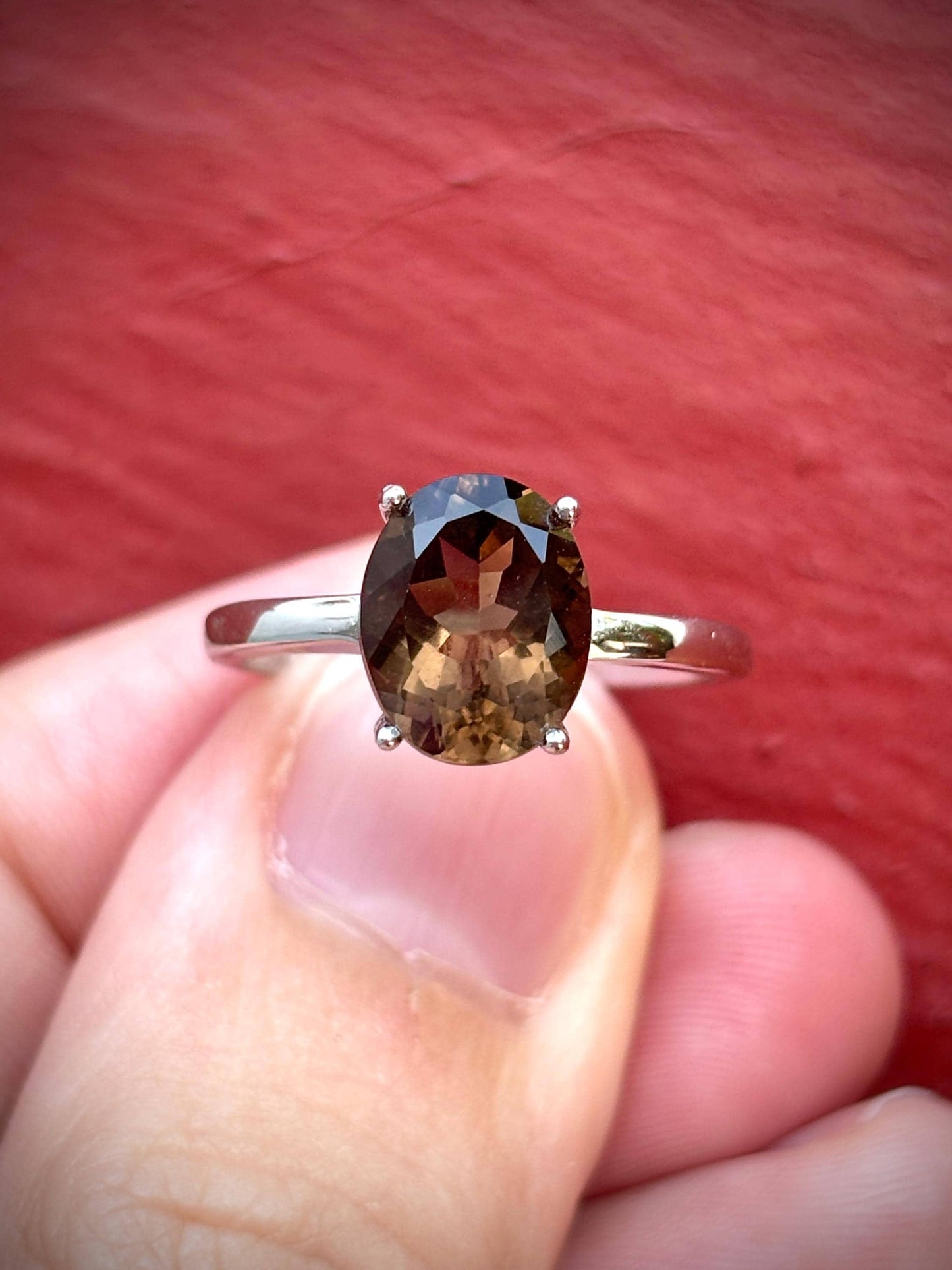 Natural Smoky Quartz Ring, 9x7mm Oval Solitaire Ring, Sterling Silver Promise Ring, Brown Gemstone Ring, Gift for Her