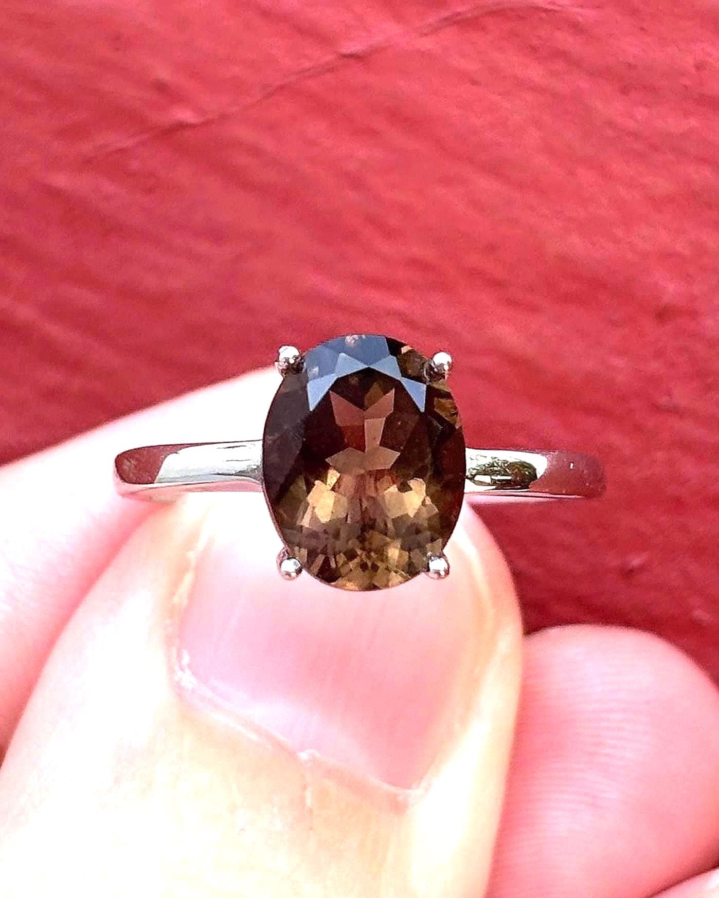 Natural Smoky Quartz Ring, 9x7mm Oval Solitaire Ring, Sterling Silver Promise Ring, Brown Gemstone Ring, Gift for Her