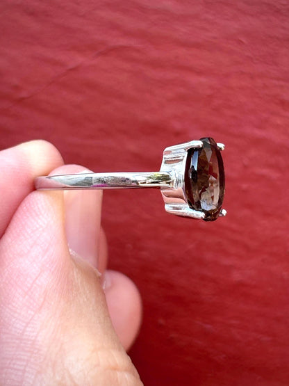 Natural Smoky Quartz Ring, 9x7mm Oval Solitaire Ring, Sterling Silver Promise Ring, Brown Gemstone Ring, Gift for Her