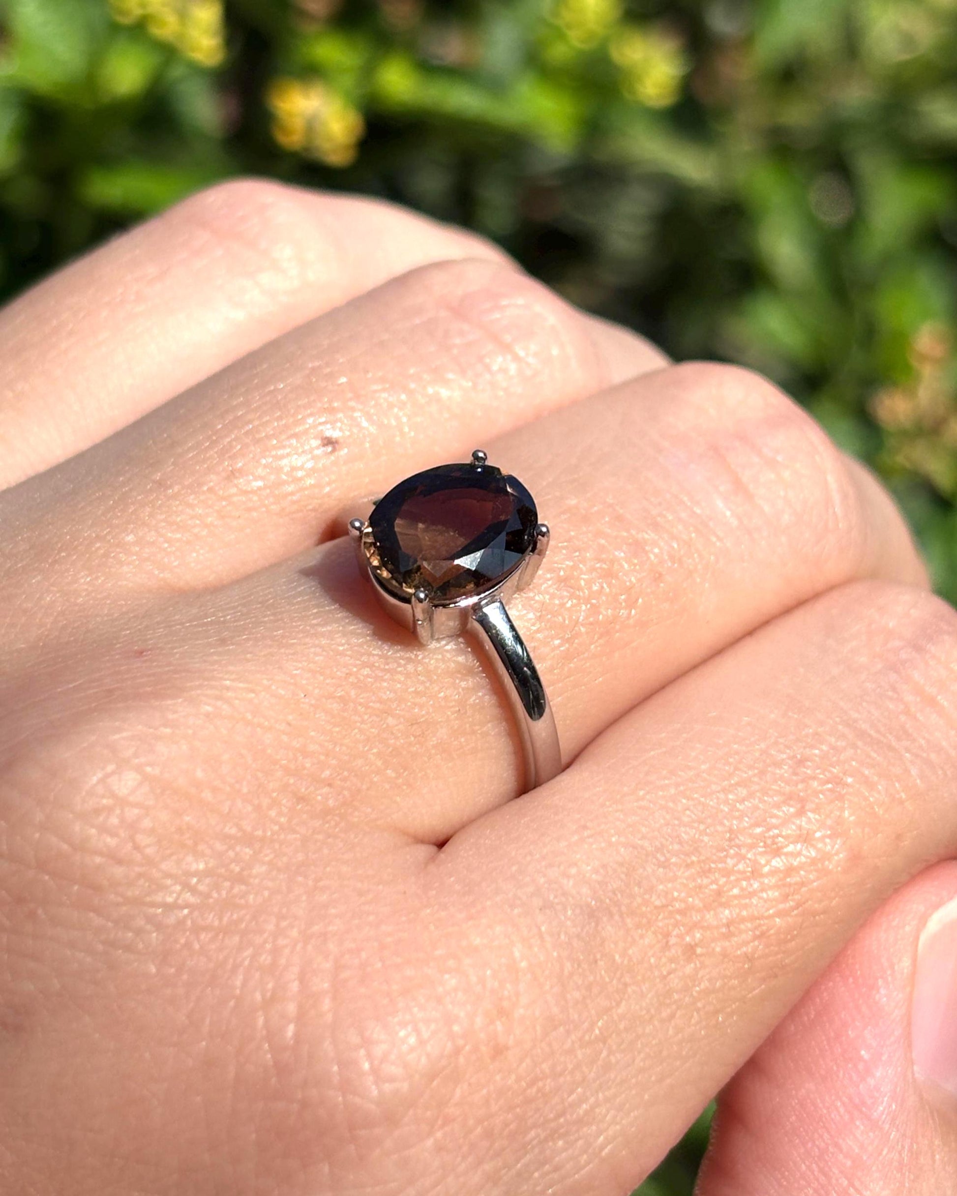 Natural Smoky Quartz Ring, 9x7mm Oval Solitaire Ring, Sterling Silver Promise Ring, Brown Gemstone Ring, Gift for Her