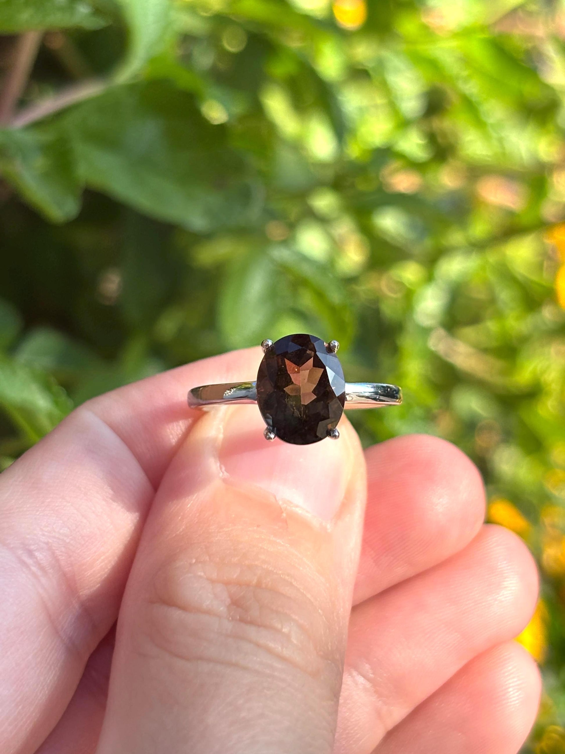 Natural Smoky Quartz Ring, 9x7mm Oval Solitaire Ring, Sterling Silver Promise Ring, Brown Gemstone Ring, Gift for Her